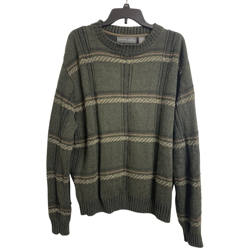 Oscar De La Renta XL Forest Green Plaid Cotton Blend Pullover Knit‎ Sweater